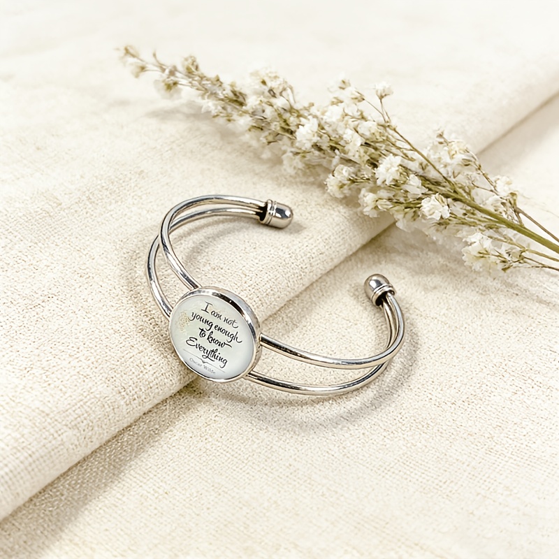 Adjustable Open Bangle with Round Time Gemstone Inlay, Handwritten Design